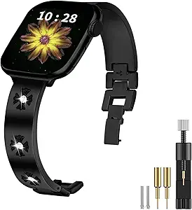 JOYOZY Metal Band Compatible with Apple Watch Band 38mm 40mm 41mm 42mm 44mm 45mm 49mm Fancy Luxury Strap with Sparkle Diamond, Dressy iWatch Bracelet, Cute Daisy Band for Women