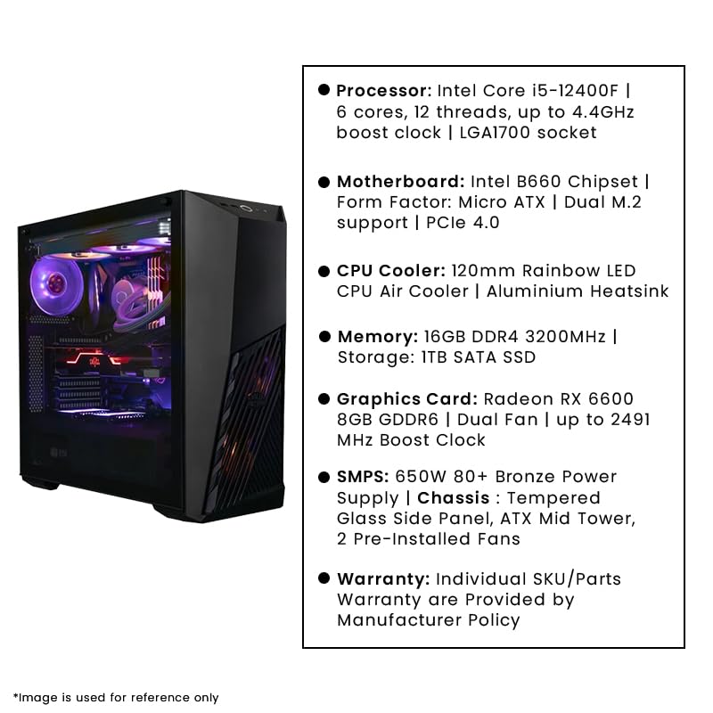 Image of Monarch V Pre Build Mid Range Gaming Desktop PC (i5 12400F CPU, 120mm Air Cooler, B660 Motherboard, 16GB 3200MHz DDR4 RAM, 256GB SSD, RX6600 GPU, 650 Watt SMPS, ATX Mid Tower RGB Cabinet)