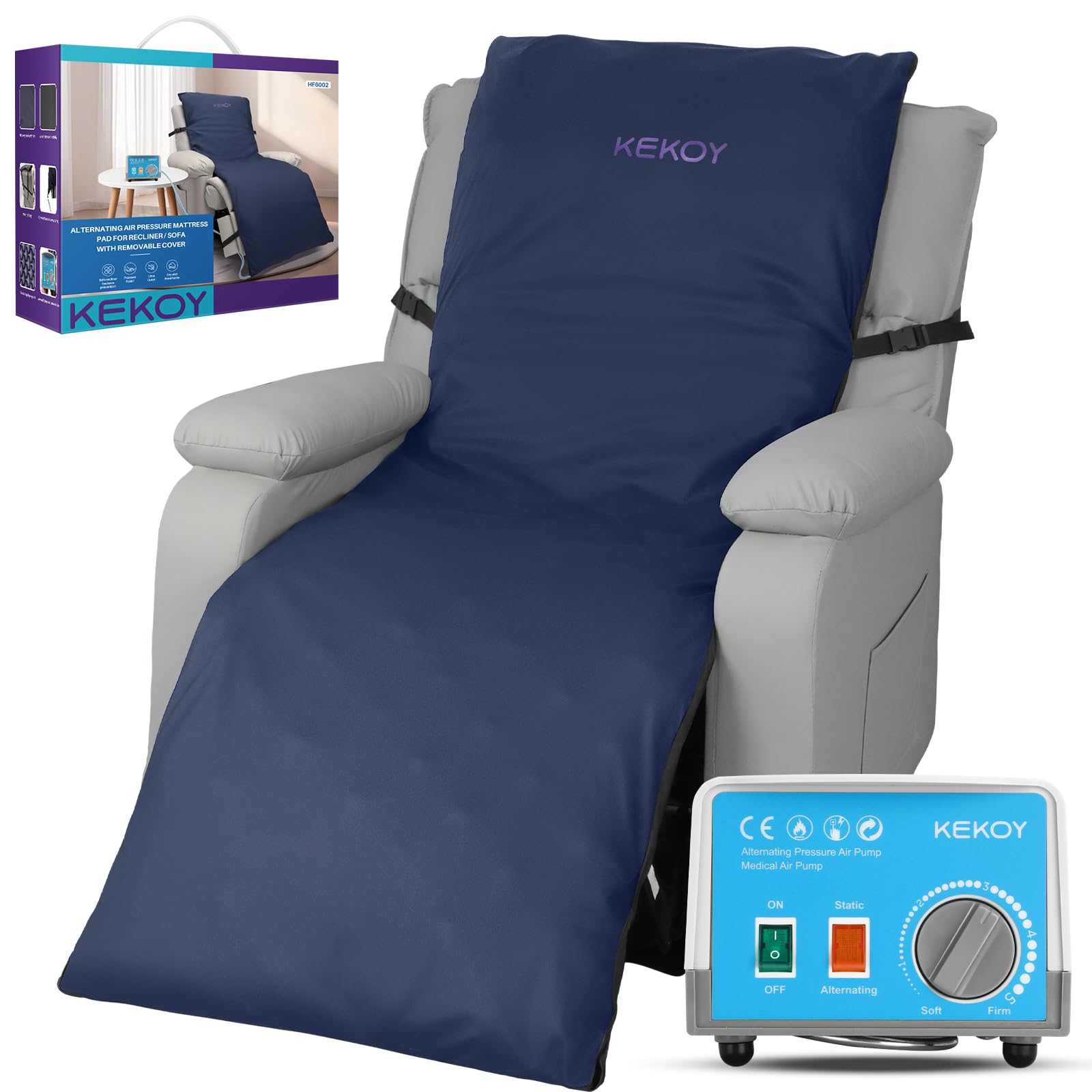 Kekoy Wechseldruckmatratze-Antidekubitus Matratze für Relaxsessel: Leise Pumpe, mit wasserdichtem Bezug, Dekubitus Grad I, Ideal für Senioren & Genesung nach OP, 170x56 cm, Himmelblau