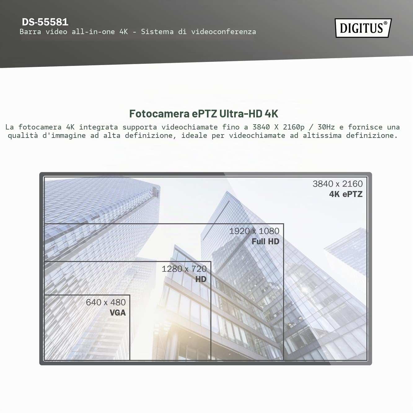 DIGITUS DS-55581 Video Bar Mini, Sistema di videoconferenza - Webcam 4K UHD 30 Hz ePTZ - 2 microfoni interni - altoparlante interno 2 W - messa a fuoco e zoom automatici, cancellazione dell'eco