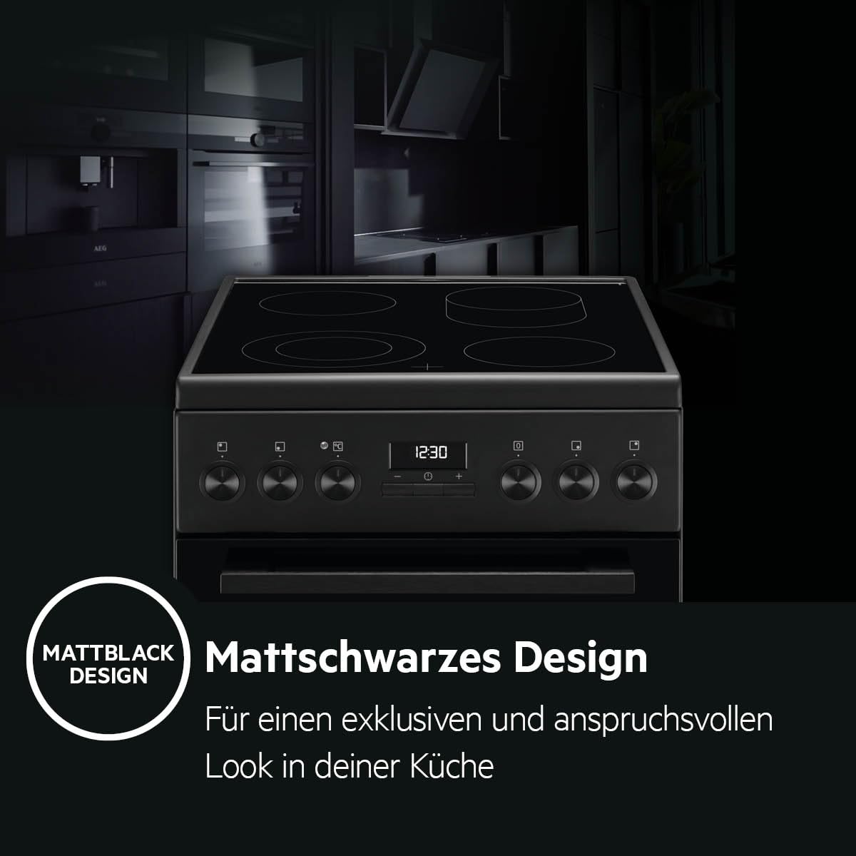 AEG Standherd mit Glaskeramik-Kochfeld, 50cm, A, 1 Paar Teleskopschienen, Bräterzone, Mehrkreiskochzone, Versenkknebel, Grillfunktion, Display mit Uhr, Mattschwarz, CCB54492BB