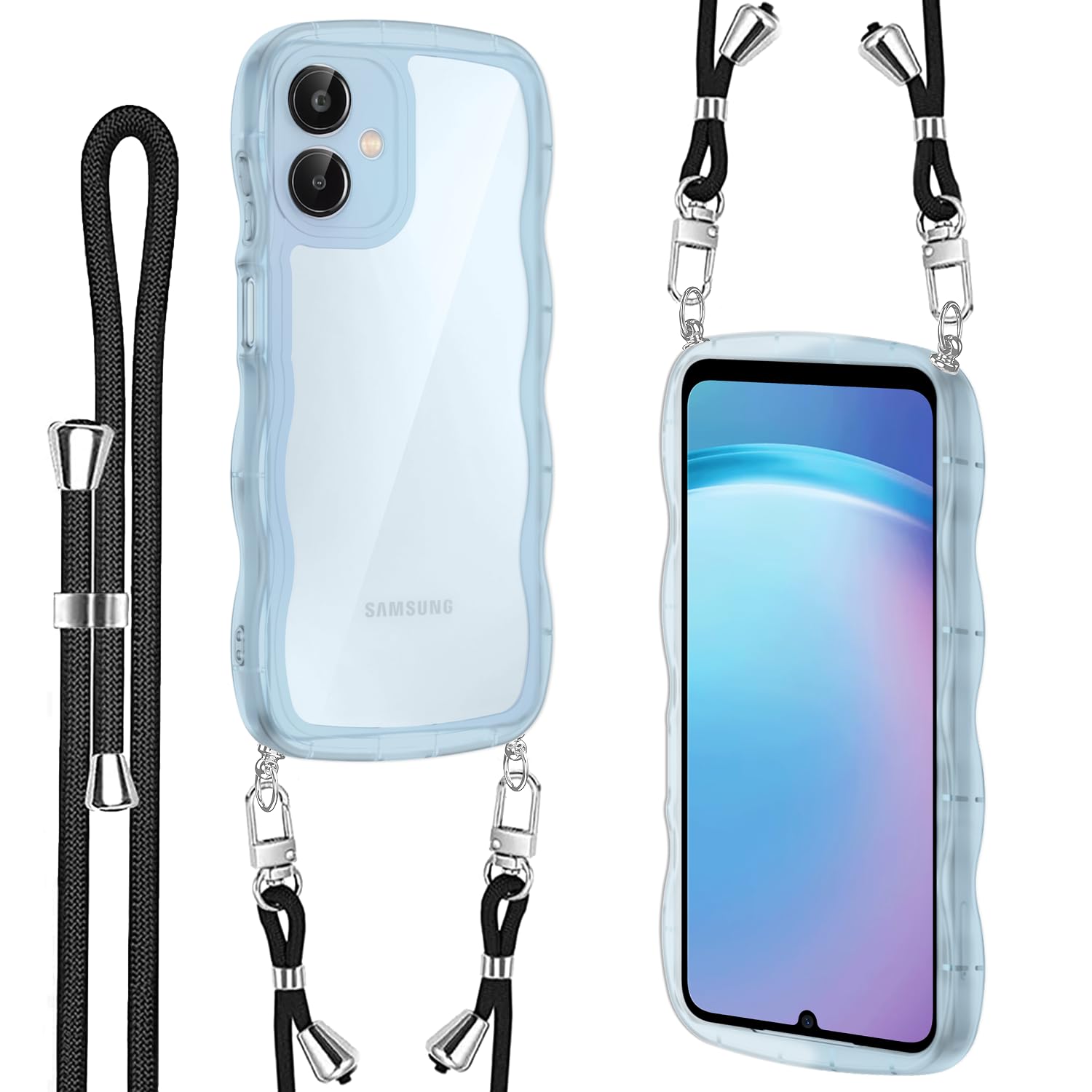 Galaxy A25 5G ケース ショルダー ストラップ1枚付き 紐付き 首掛け 肩がけ 斜め掛け 長さ調整可能 韓国人気 可愛い ウェーブケースブルー ストラップホール付き 耐衝撃 シリコン 透明TPU バンパー 超軽量 柔らかい 極薄 透明 黄ばみなし 滑り止め ギャラクシーA25 SC-53F 5G・ブルー