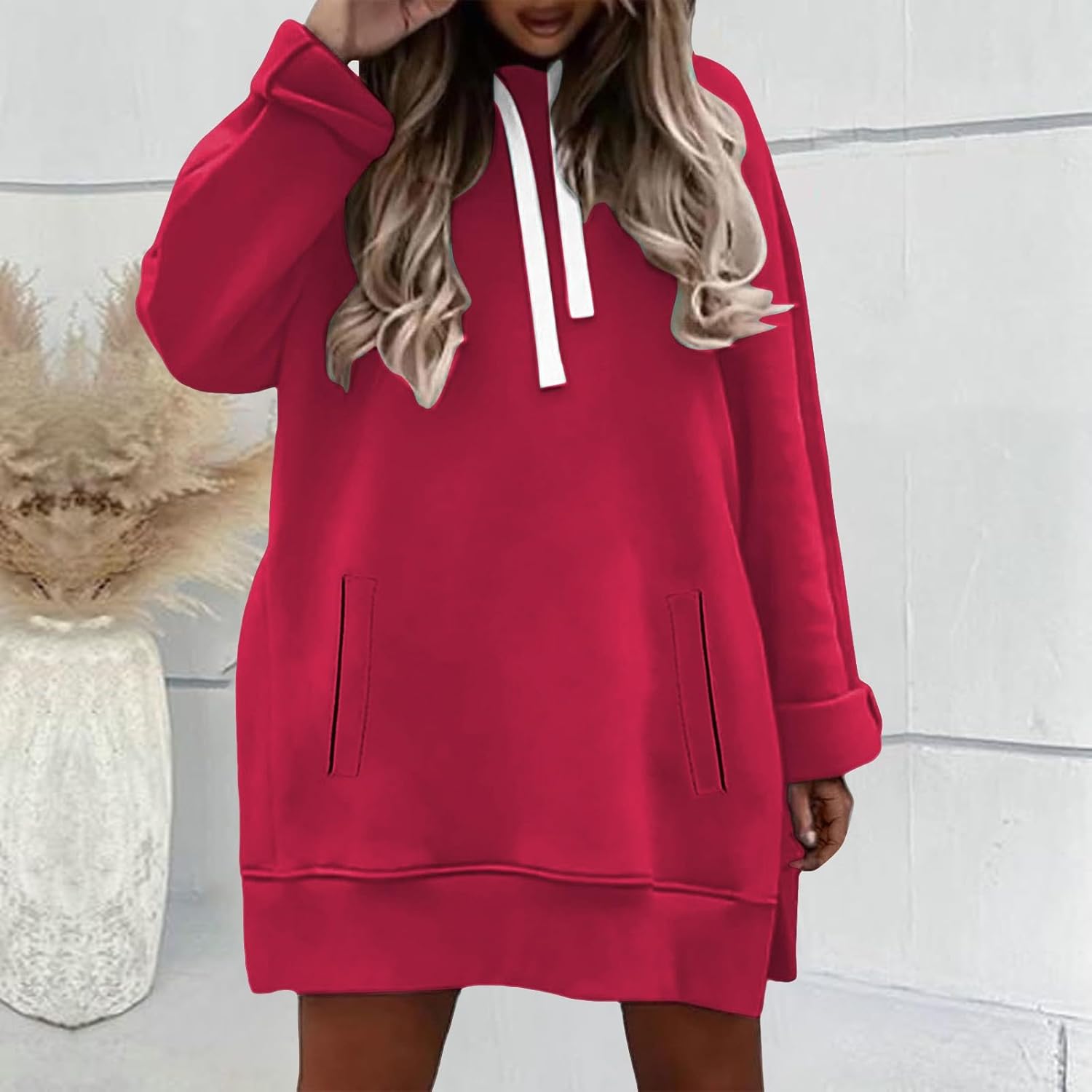 The Warmy Oversized Hoodie Dress Casual Long Sleeve Split Hem Drawstring Sweatshirt Comfrt Pullover with Pocket - Image 3