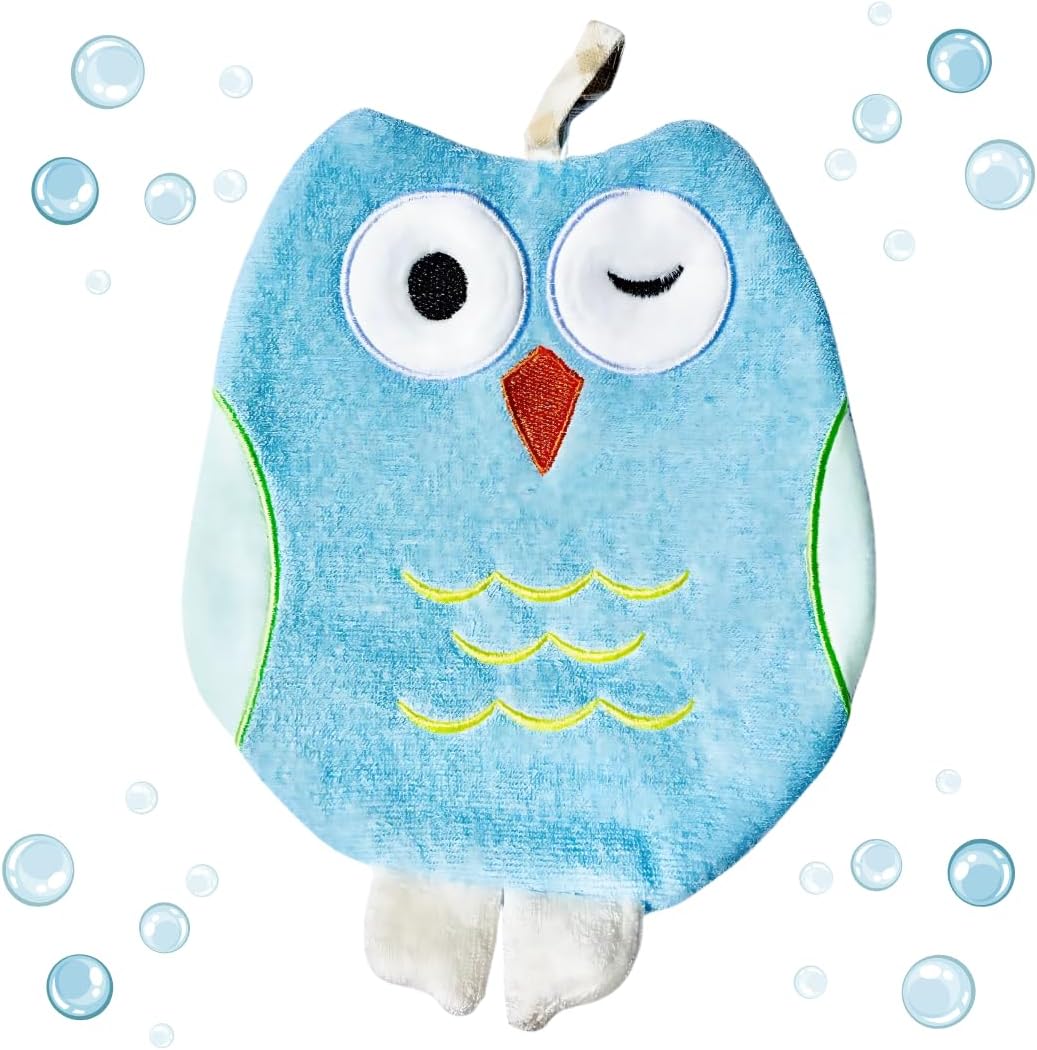 Ollie The Owl Washcloth - Animal Shape Cotton Mitt - Zoo Glove - Puppet Washcloth - Children Bath Glove - Bath Cloth (Blue Owl)