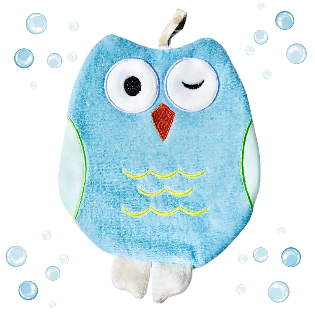 Ollie The Owl Washcloth - Animal Shape Cotton Mitt - Zoo Glove - Puppet Washcloth - Children Bath Glove - Bath Cloth (Blue Owl)