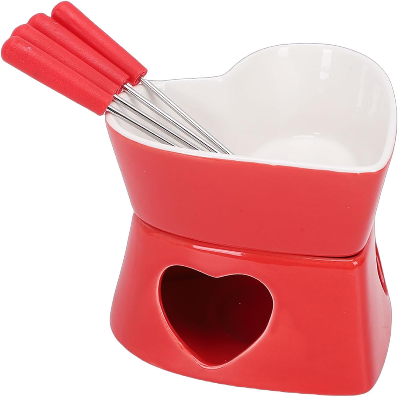 Heart Shaped Chocolate Fondue Mug Set, Ceramic Sweet Melting Cup with Fork and Candle for Date Night Birthday Wedding Gifts, 350ml Red White