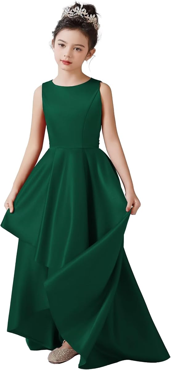 dideyttawl Satin Hi-Lo Formal Dress for Girls 4-16 Sleeveless A Line Quinceanera Dresses Flower Girl Dresses for Wedding