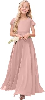 Junior Bridesmaid Dresses for Girls Chiffon Maxi Dress Ruffle Sleeves Formal Flower Girl for Wedding Prom Pageant