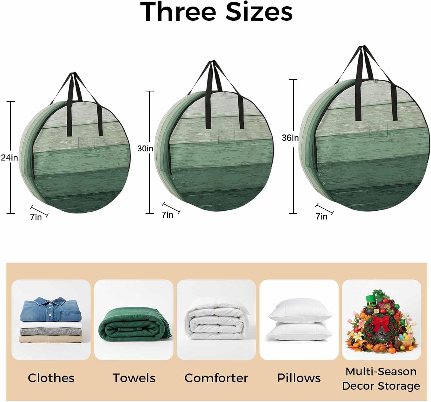 Rustic Stripes Round Storage Bag 36 Inch, Green Gradient Farmhouse Wood Grain Clothes Storage Container with Handles Heavy Duty Organizer for Comforter, Bedding & Holiday Wreaths