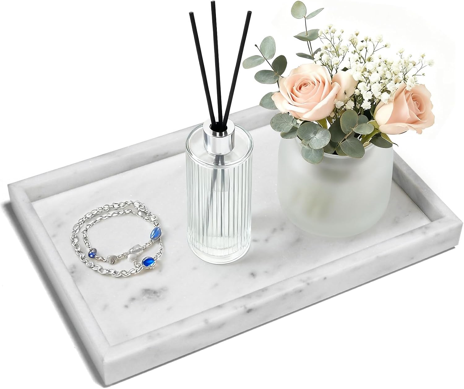 Pure Natural Marble Tray for Bathroom, Dresser, Sink. Cosmetics, toiletries, perfumes, Jewelry, Candles, etc. can be Placed (Starry White, 12" x 8" x 1.2")