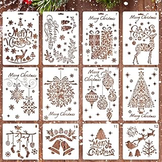 Whaline 12 Pack Christmas Stencils Bullet Journal Templates Reusable Plastic for Craft Art Drawing Painting Spraying Window Glass and Card DIY Drawing Painting Craft Projects (2 Sizes)