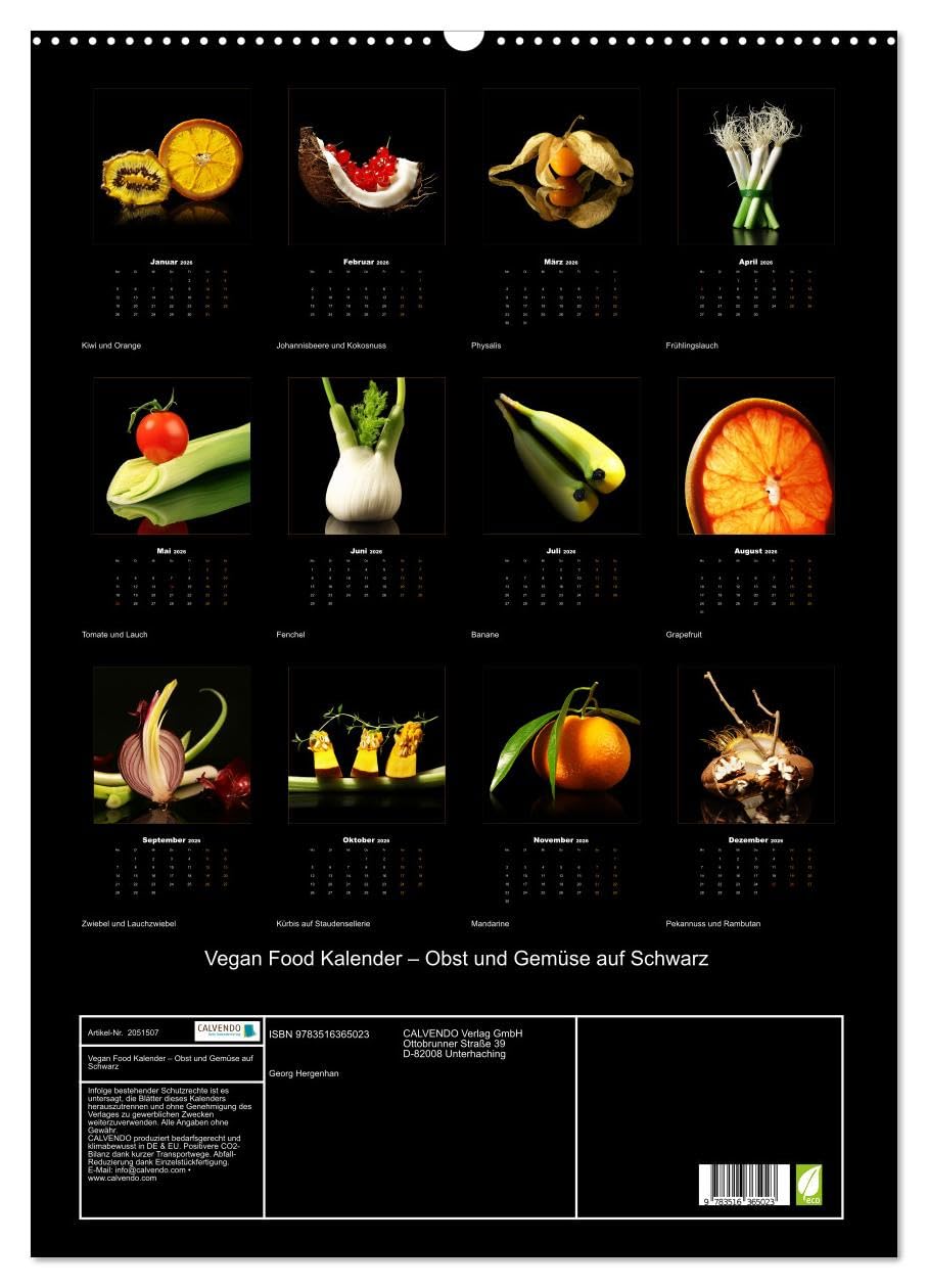 Vegan Food Kalender – Obst und Gemüse auf Schwarz (Wandkalender 2026 DIN A2 hoch), CALVENDO Monatskalender: Dekorativer Kalender für die Küche auf Schwarz. (CALVENDO Lifestyle)