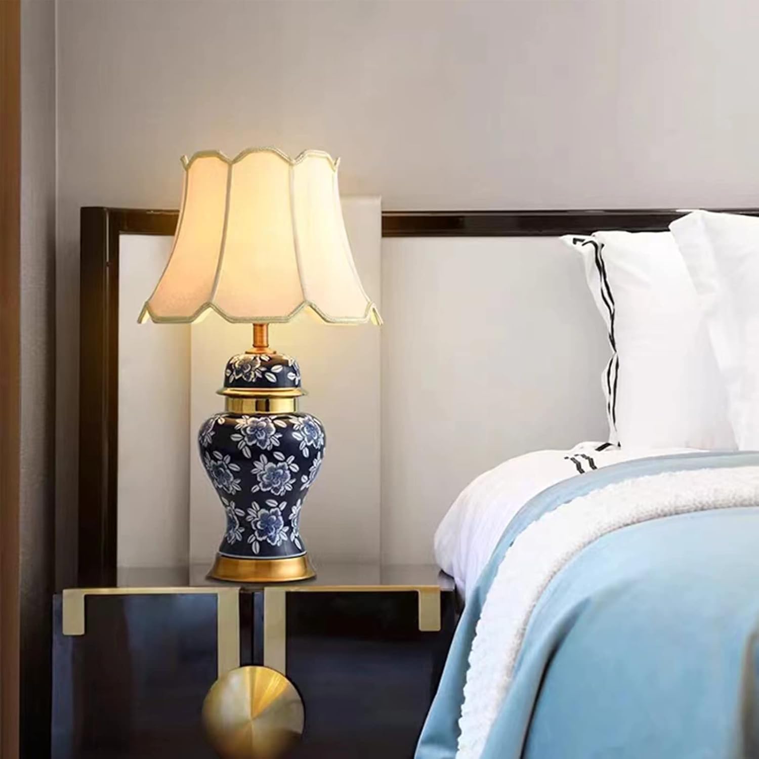 PURESILKS Vintage Blue Ceramic Table Lamp, Exquisite Hand Painted Floral LED Desk Lamp with Metal Base, 27.55" High Table Lamp with Fabric Shade for Bedroom Study Living Room Office