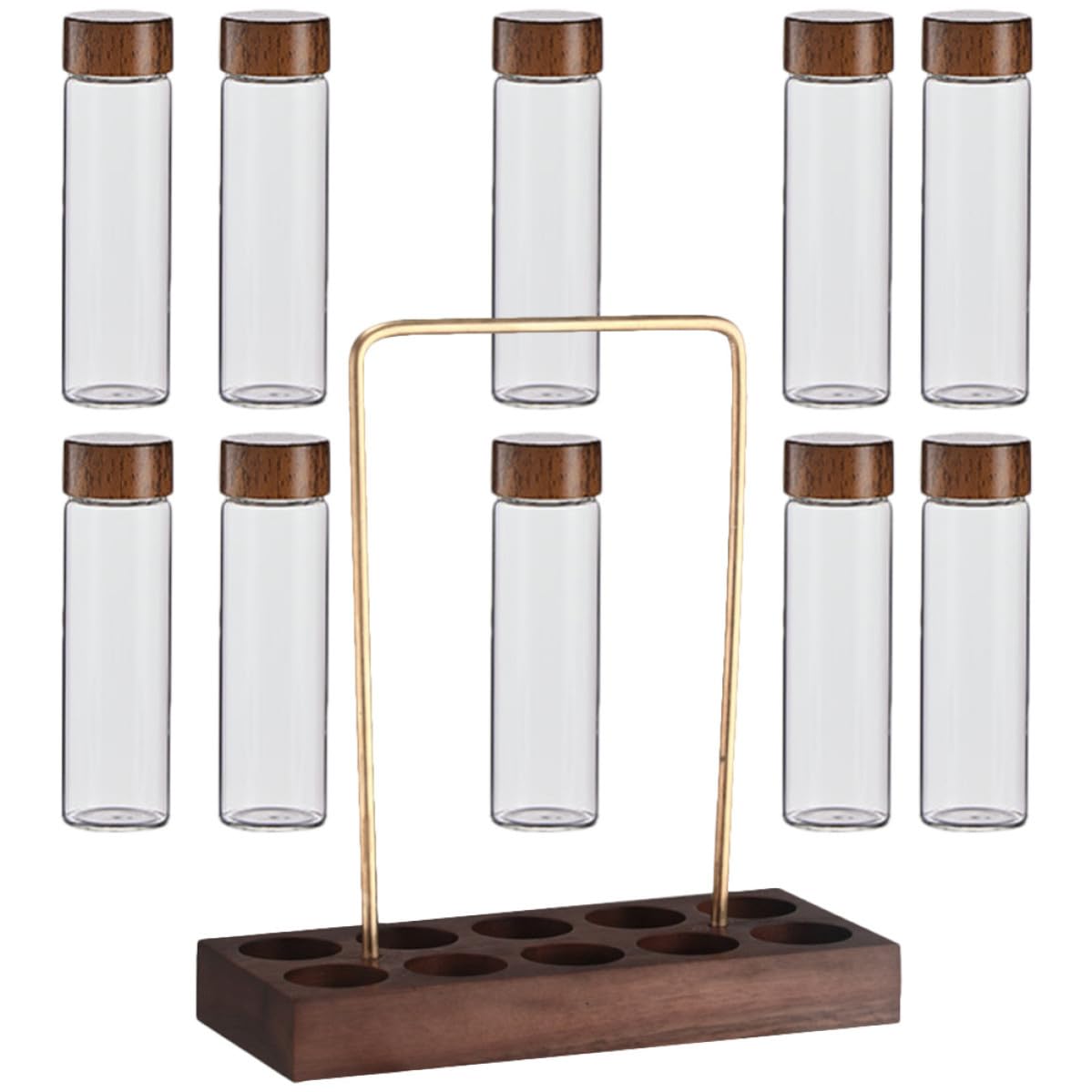 Luxshiny Glasbehälter für Kaffeebohnen mit Holz und Messingständer, luftdicht versiegelt, platzsparend, ideal für Küche und Apartments, 1 Set Aufbewahrungsröhrchen