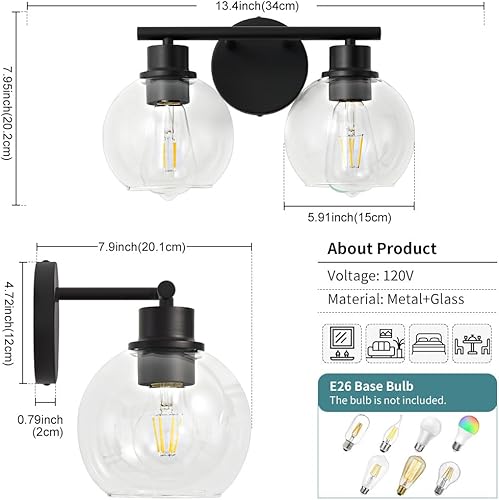 Miniatura 27 de Lámpara de tocador de baño de 3 luces negras y doradas con pantallas de vidrio, aplique de pared industrial Negro y Dorado,Dorado,Negro