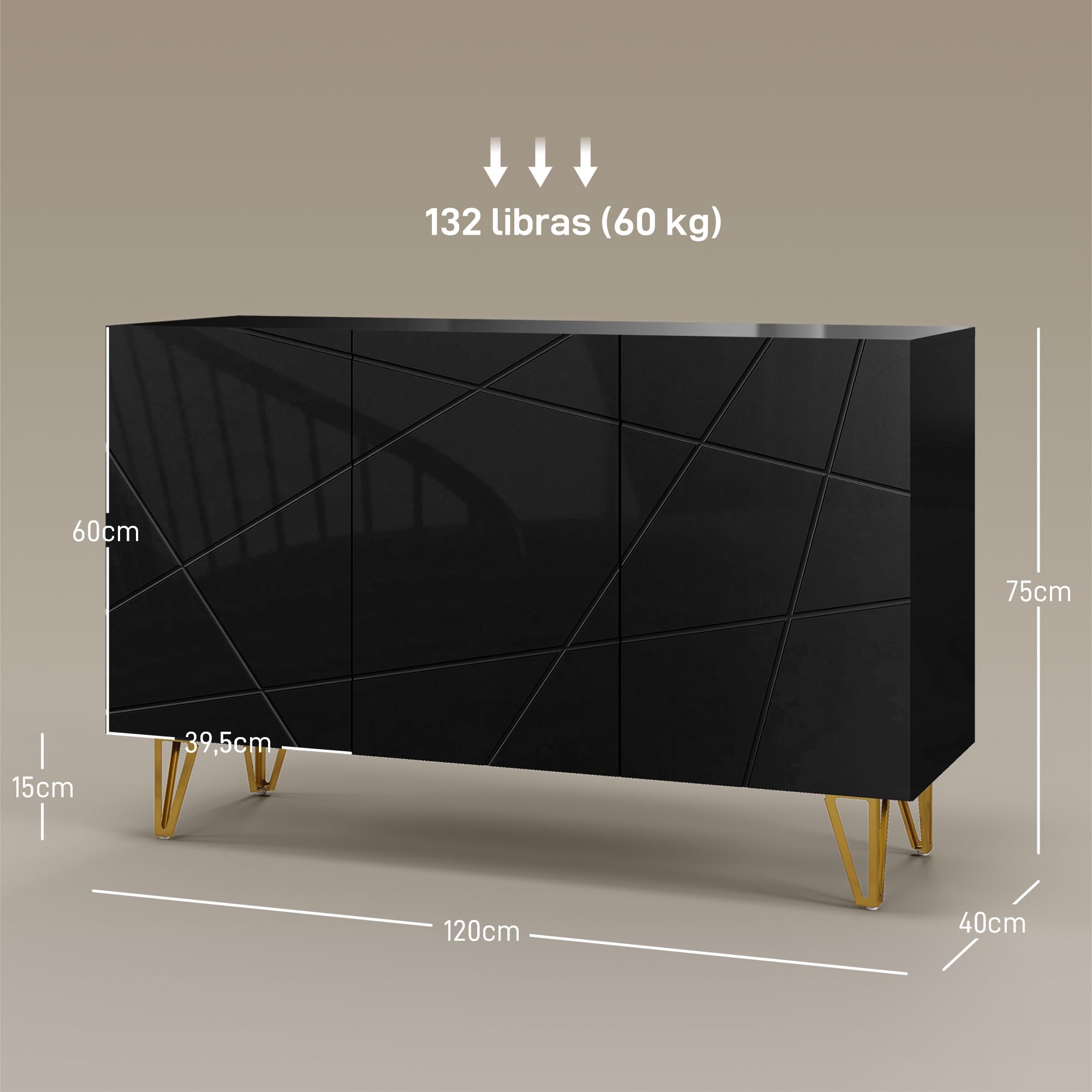 HOMCOM Aparador para Salón Aparador de Entrada con 3 Puertas y Estantes Ajustables Armario de Almacenamiento para Cocina Sala 120x40x75 cm Negro Brillo