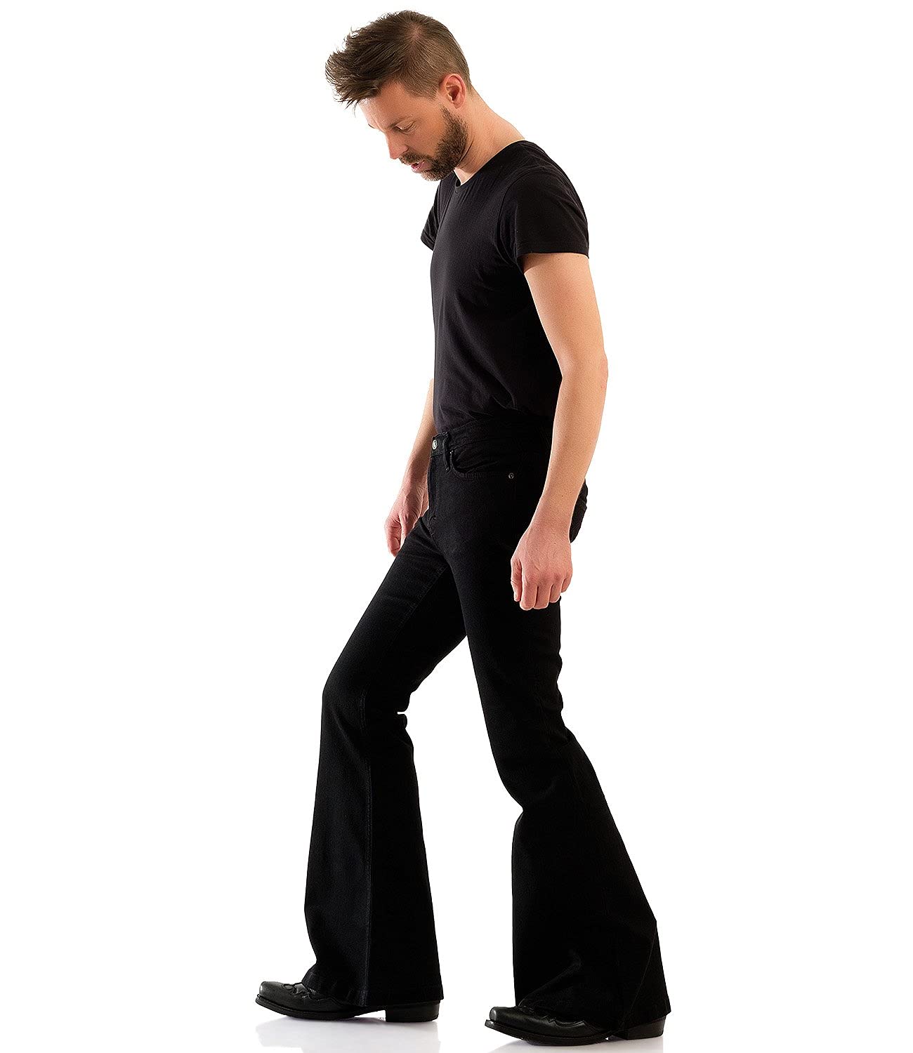 Comycom Herren Jeans Schlaghose BlackBlack schwarz - Dunkle Flared-Jeans für Männer im Retro 70er-Jahre Style, Hippie Bootcut-Jeans mit großem Schlag