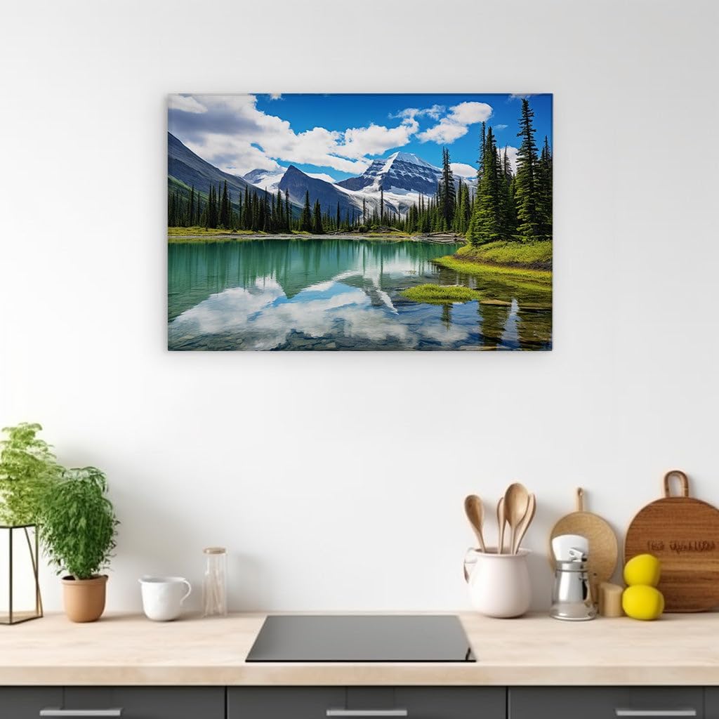 Canvas for Living room. Reflective Serenity: A Portrait of Natural Harmony Where Mountains Kiss the Lake, 27 x 18 inch Canvas Wall Art - Contemporary Masterpieces - Modern Home Decor