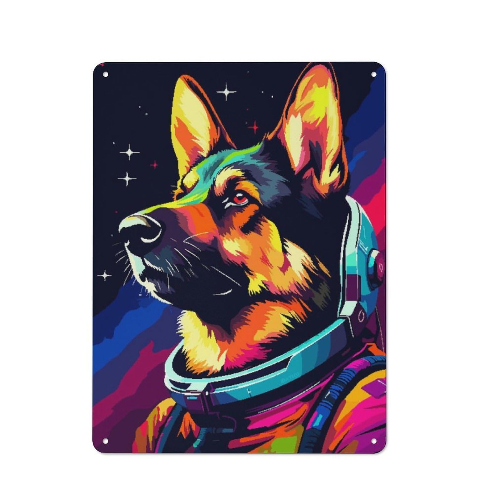Junmoney German Shepherd Spaceman For Lounge Or Reading Corner, Rustic Tin Sign 40X30cm, For Home Interiors, Feature Walls And Decorative Displays