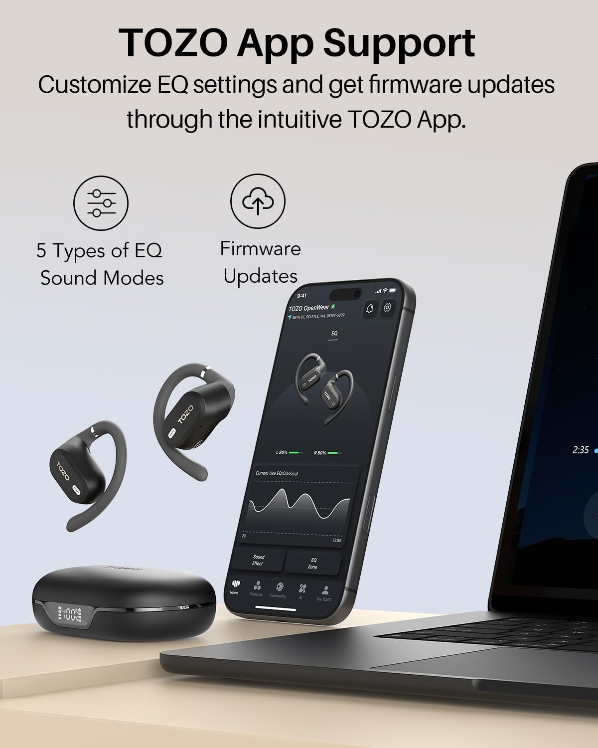 TOZO Openwear Auriculares Inalámbricos Bluetooth, Gancho rotatorio Confort | Controlador 14.2mm graves potentes, 38H batería, pantalla LED, carga rápida, 5 EQ, 60ms baja latencia, ENC llamadas claras