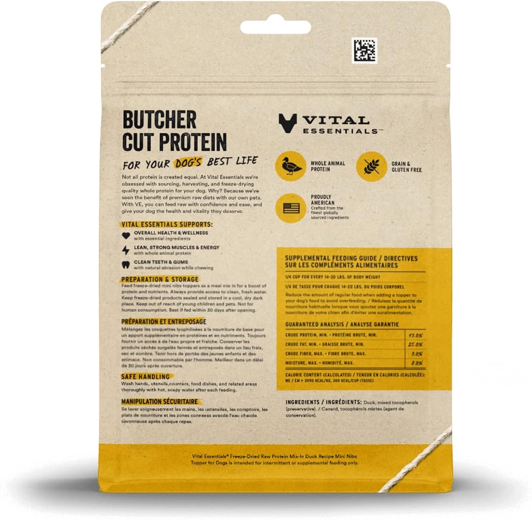 Vital Essentials Freeze Dried Raw Protein Mix-in Dog Food Topper, Duck Mini Nibs Topper for Dogs, 6 oz