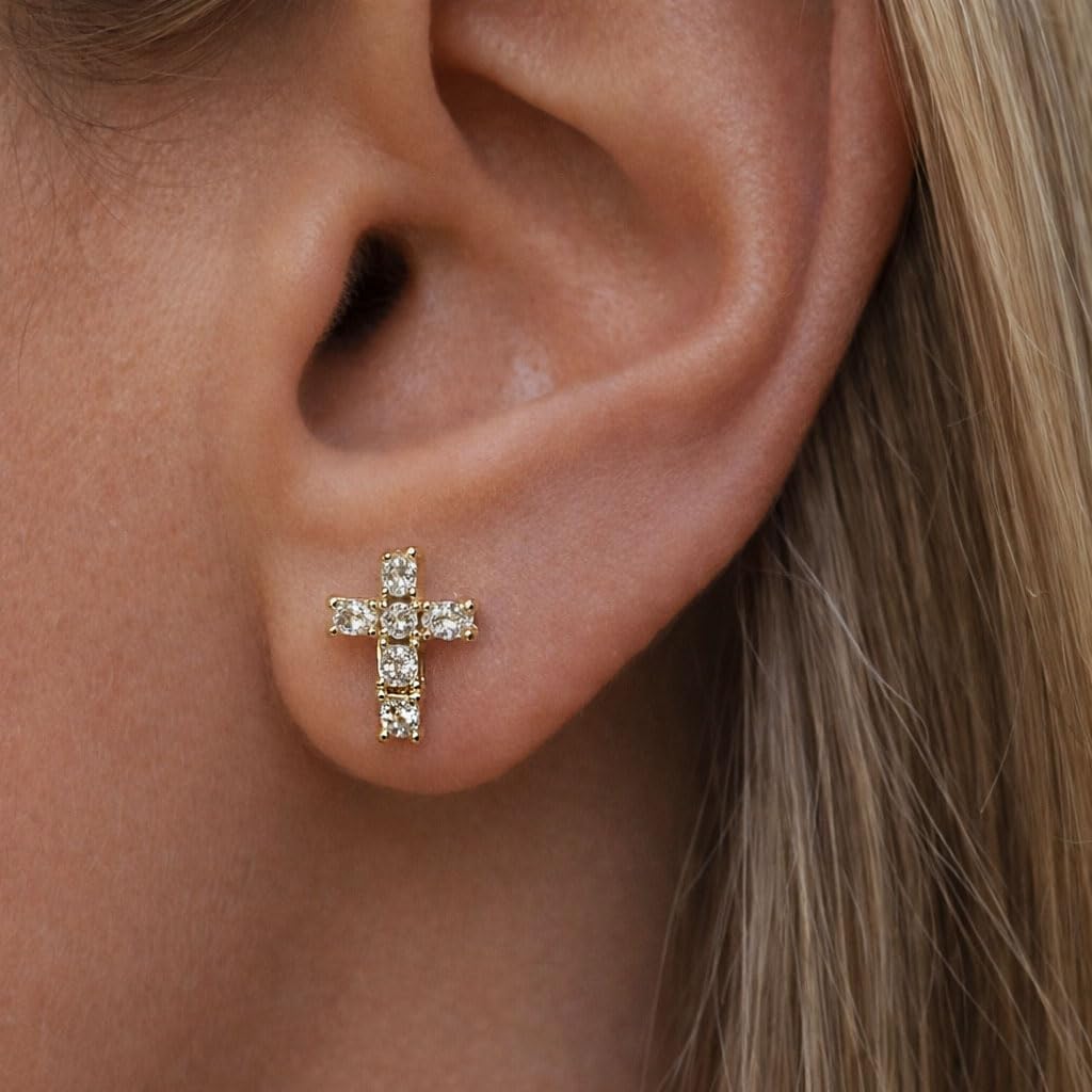SWEET PEEPS 18K Gold Plated CZ Cross Stud Earrings for Women, Dainty Cubic Zirconia Cross Earrings, Minimalist Faith Jewelry for Everyday Wear