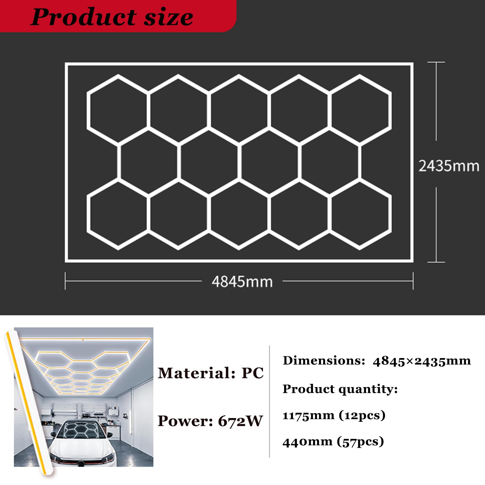 Lampe de garage à LED hexagonale 14 grilles hexagonales 6500K plafonnier LED hexagonal pour exposition de voitures garage magasin salle entrepôt,D
