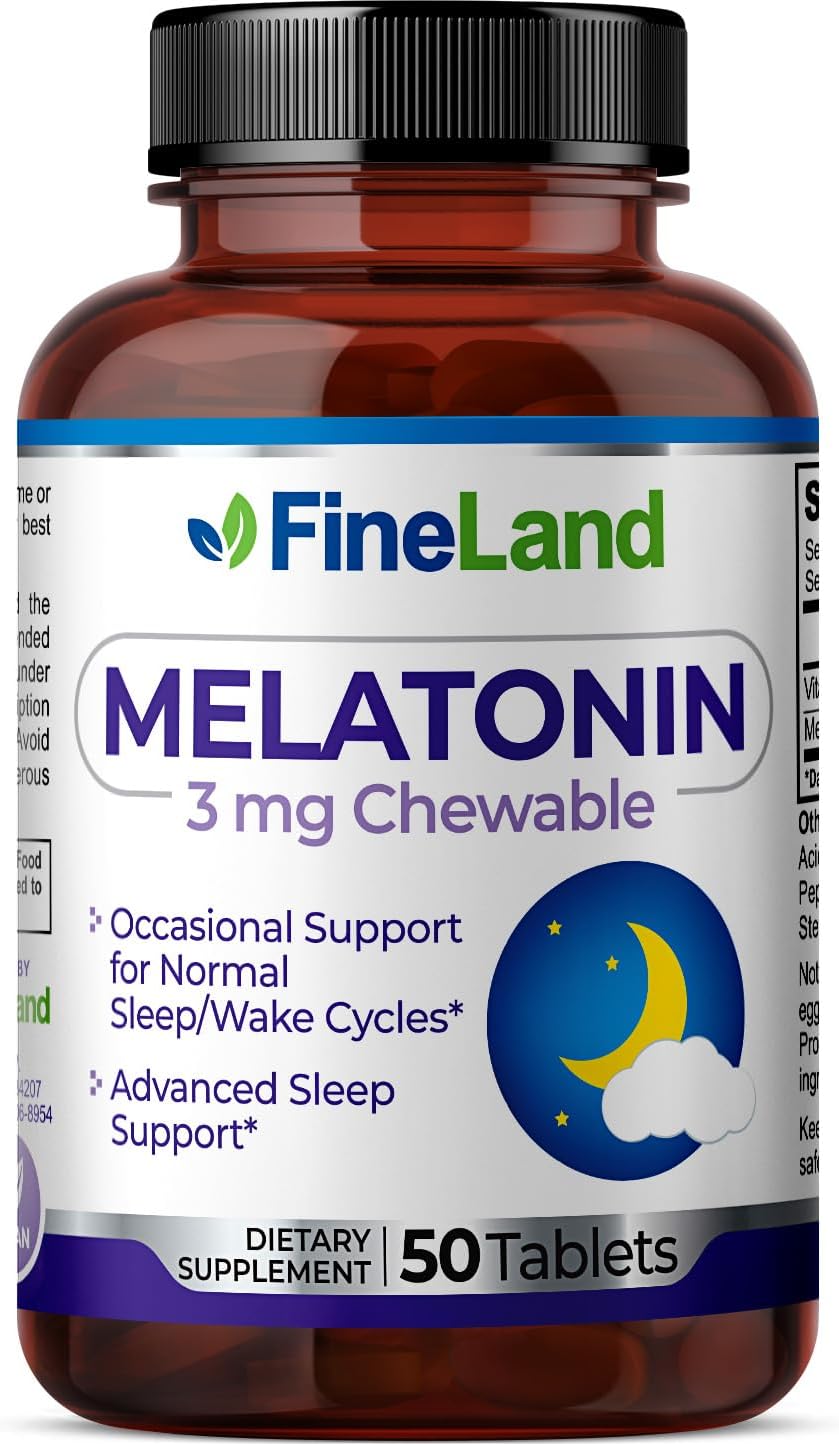 FineLand MELATONIN 3mg Chewable, 50 Tablets, 50 Day Supply, Fast Dissolve, Normal Sleep, Wake Cycles Support, Sleep Aid, Premium, Healthy, Made in USA