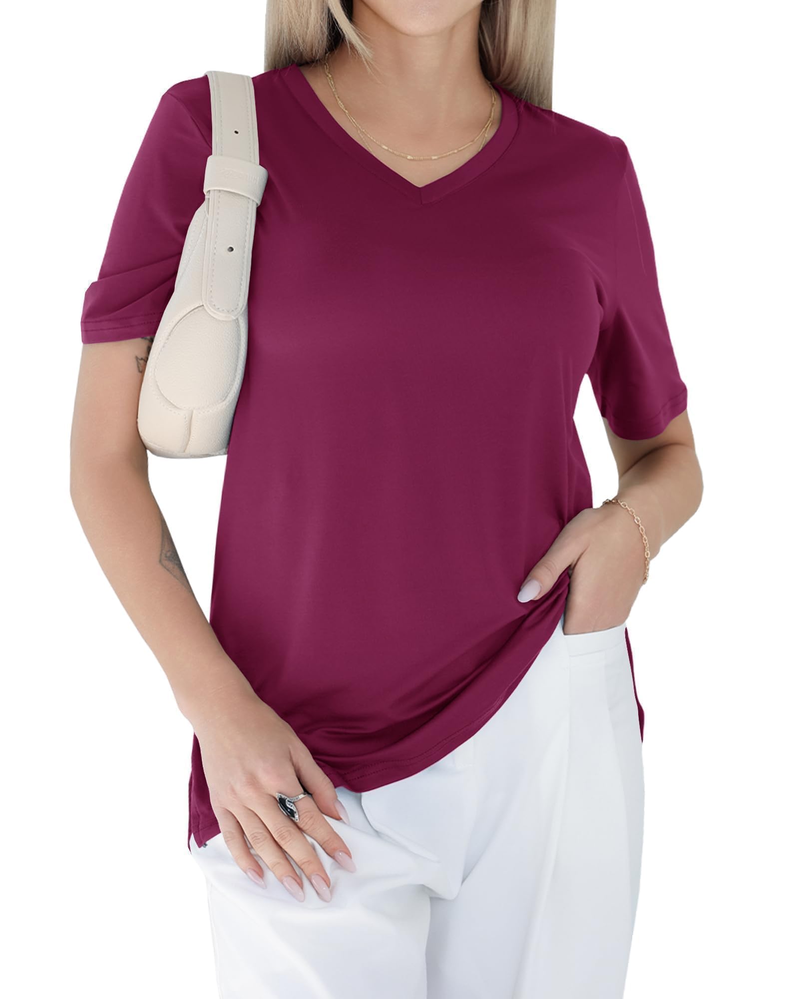 GAYHAY Womens V Neck T Shirts Oversized Loose Fit Short Sleeve Tops Casual Summer Vacation 2025 Purple Large