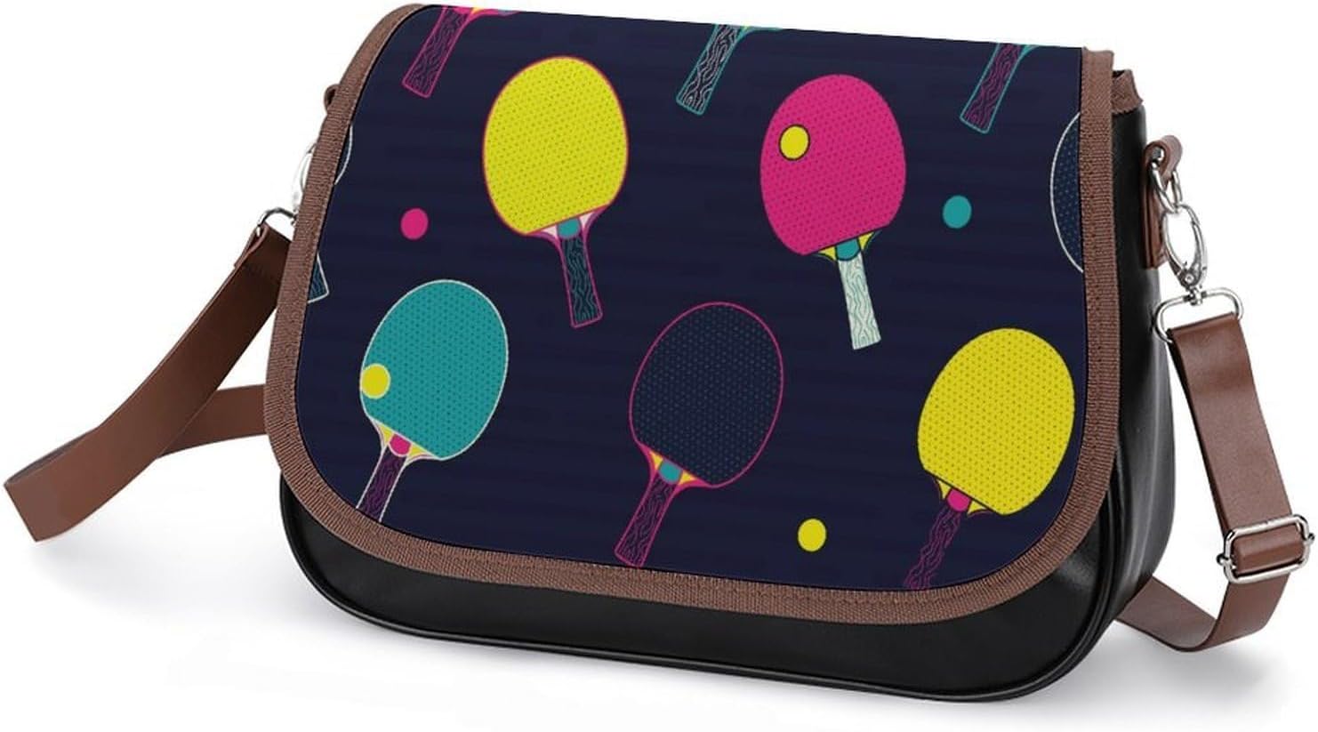 Colorful Ping Pong Balls And PaddlesWomen's Faux Leather Crossbody Bag, Waterproof Wrinkle-Resistant Shoulder Bag with Detachable Strap, Large Capacity Casual Handbag, Fashion Daily Purse for Shopping