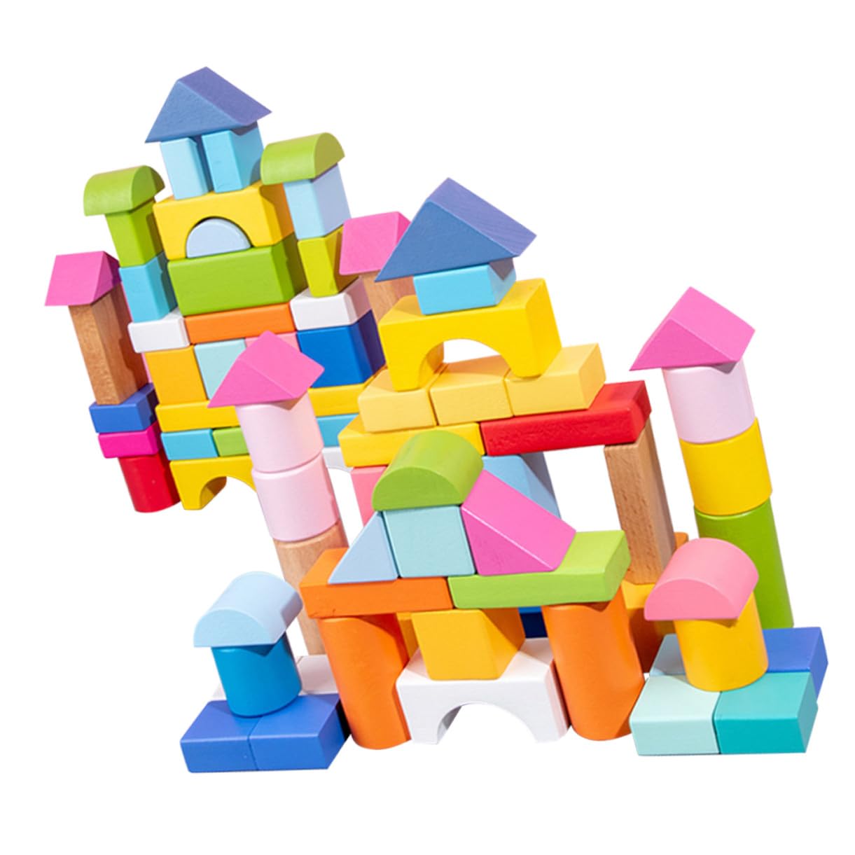 POPETPOP 100 Blocchi di Legno Colorati Educativo per Blocchi Geometrici Sicuri e Levigati per Sviluppo Cognitivo e Creatività Costruzioni in Legno e Resistente per Bambine