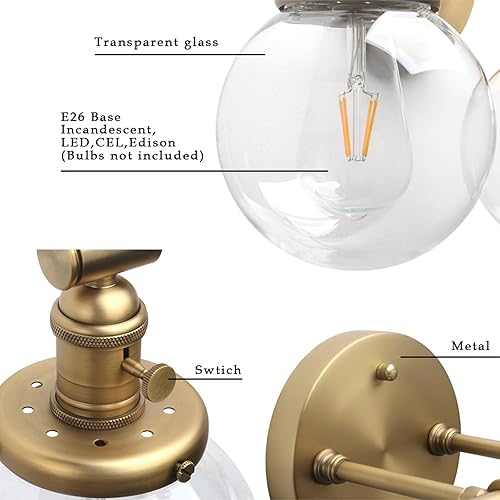Miniatura 9 de Phansthy Apliques de pared de latón antiguo, lámparas de pared industriales con interruptor de encendido y pantalla de vidrio transparente,