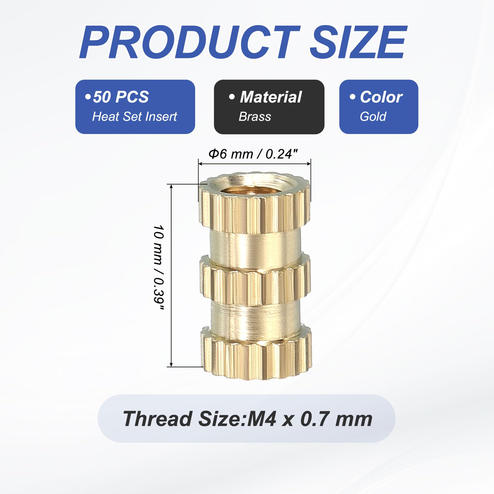 PATIKIL M4 Threaded Inserts, 50 Pcs Female Metric Brass Knurled Nuts Heat Set Insert for Plastic 3D Printing Components (M4x10x6mm) - Image 2