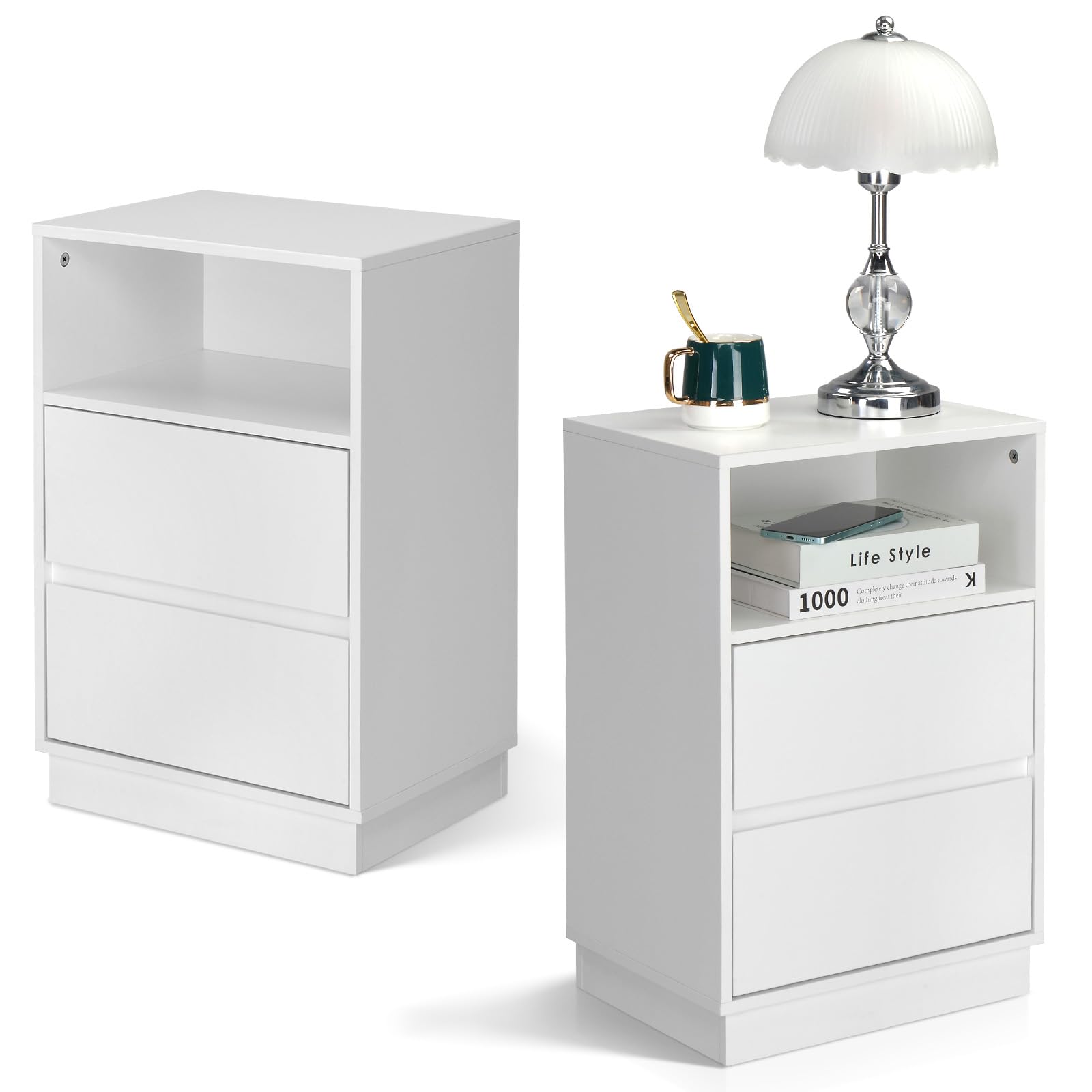 Karl home Bedside Table, Set of 2 Side End Table Nightstand with 2 Drawers, Open Storage Shelf, Wooden Modern Night Stand for Living Room, Bedroom, Study, Small Spaces, White