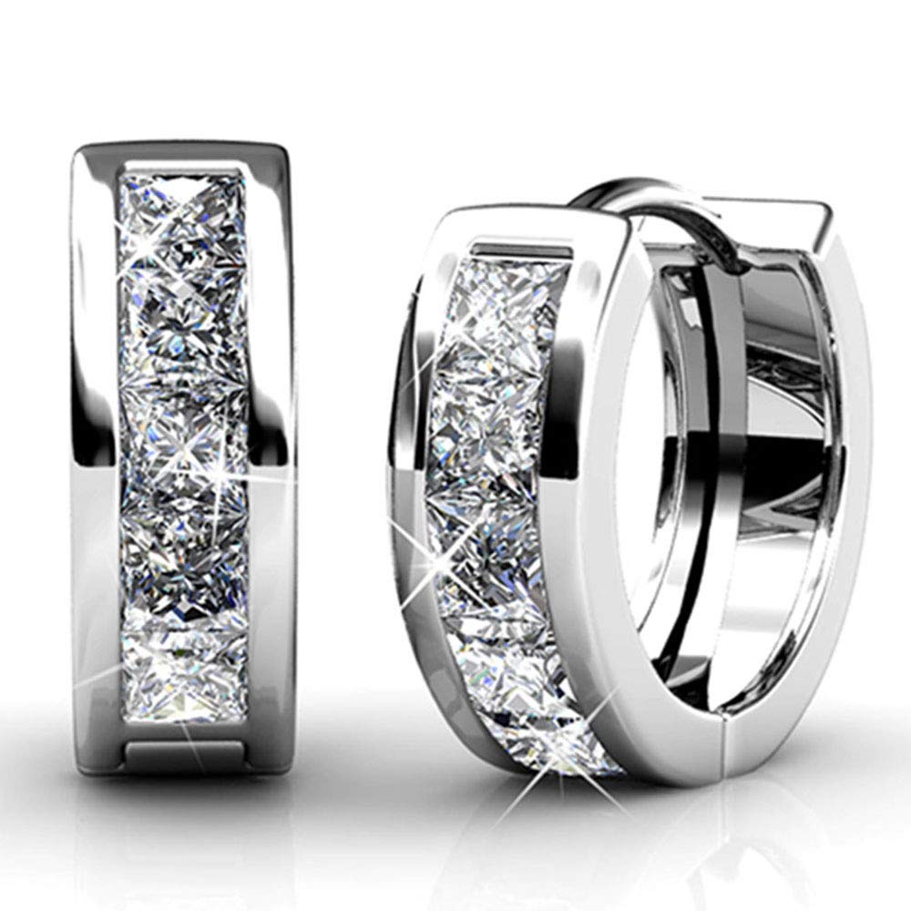 Hoop Loop Earrings for Women 18K White Gold Plated with Crystal Sparking Christmas Gift for Women Mother Wife Girl Mother's Day Gift (E-Hoop3)