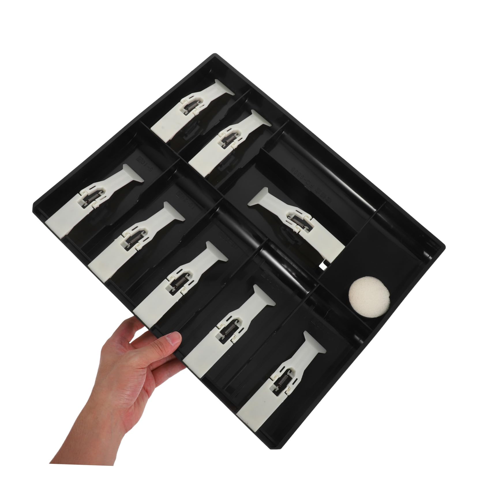 Scatola Portamonete Multi-scomparto in Plastica Nera per Cassa di Negozio, Organizer per Banconote con Chiusure a Clip e Meccanismo di Accesso Rapido
