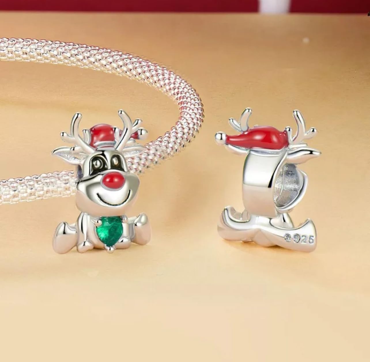 FLXHHX Abalorio de Navidad con diseño de Reno de Rudolph, Plata de Ley 925 auténtica, Compatible con Pulsera