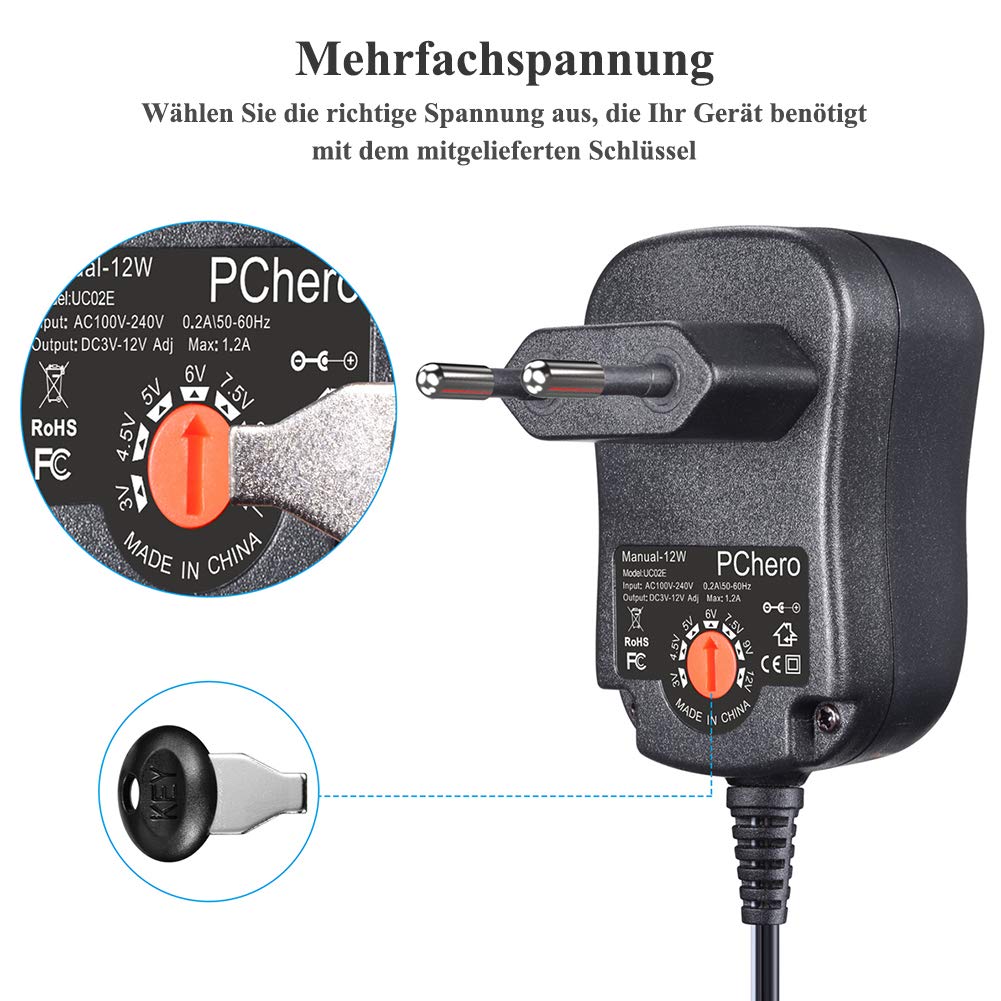 PChero 12W Alimentatore Universale AC/DC con 8 Spine DC, Adatto per Dispositivi da 3V a 12V