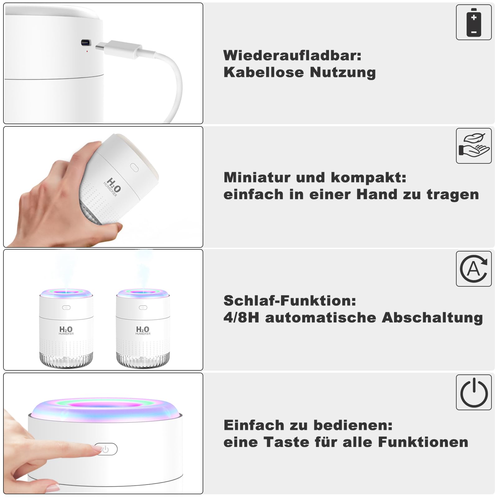 Mini Humidificador de interior con luz LED, apagado automático y dos modos de nebulización