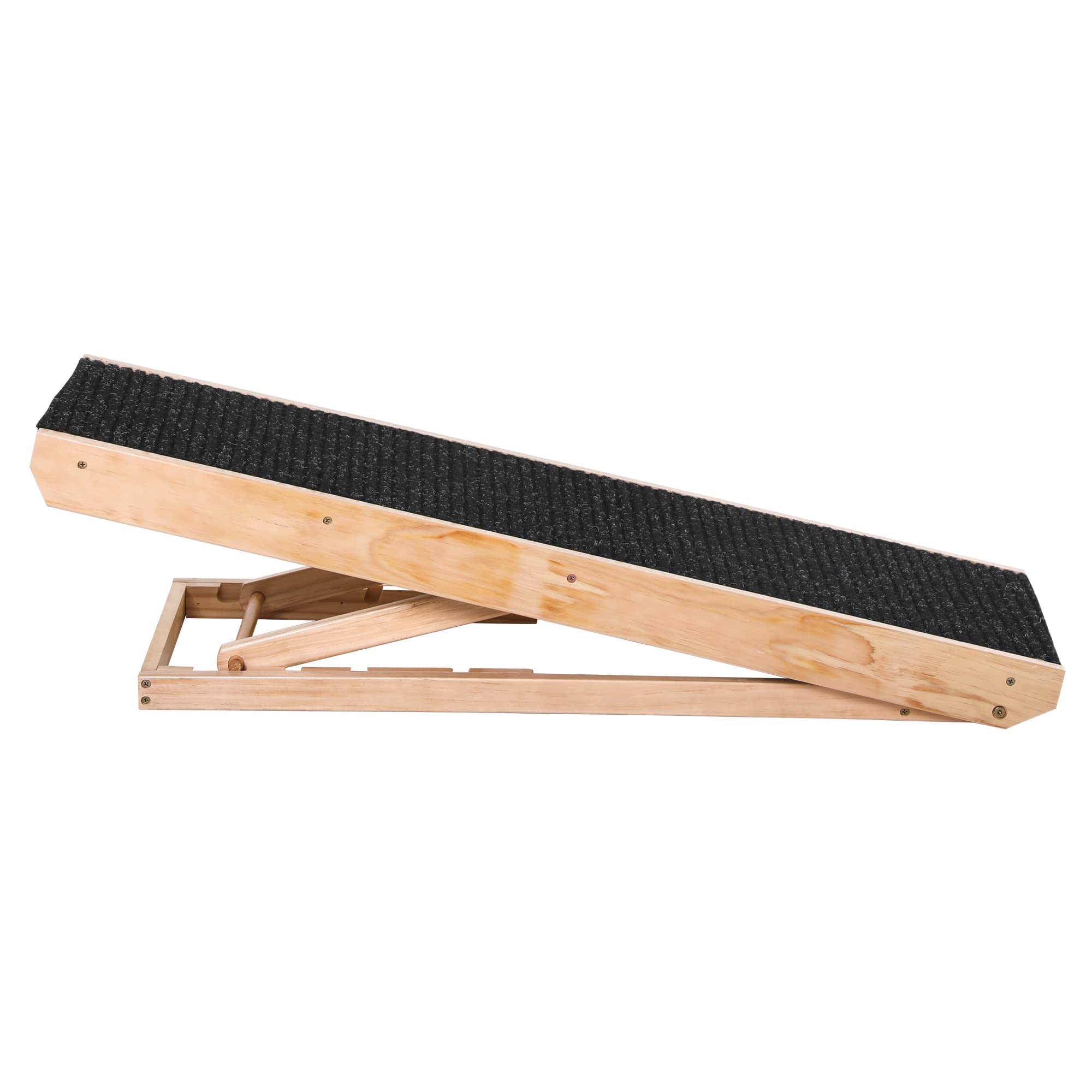 PawHut Rampa para Perros y Gatos Plegable de Madera 90x40x61 cm con Altura Ajustable de 4 Niveles y Alfombra Antideslizante Escaleras de Mascotas para Coche Cama y Sofá Natural