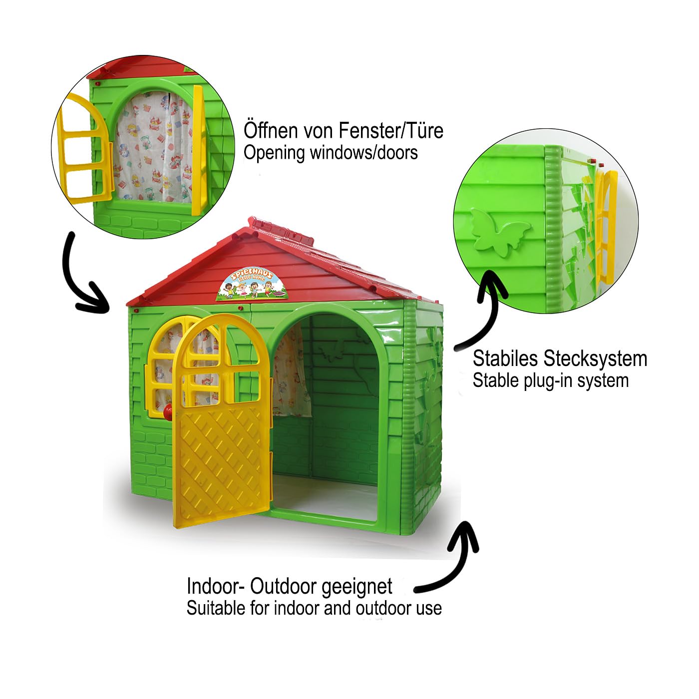 JAMARA 460500 Little Home - Casetta giocattolo in plastica robusta, montaggio stabile, facile da pulire, adatta per interni ed esterni, porte e finestre apribili, tende, verde