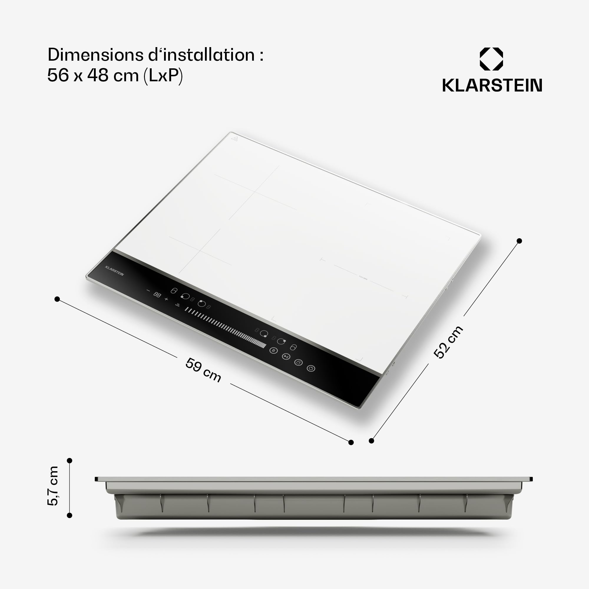Klarstein DualTone Hybrid Plaque Cuisson à Induction - 4 Zones, 7200 W, Flex Zone, Commande par Curseur, Fonction Booster & Minuterie, Cadre Aluminium, Blanc, 60 cm
