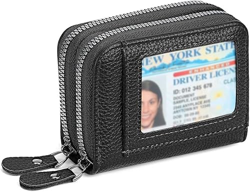 Vista 8 de Cartera pequeña de piel con bloqueo RFID para tarjetas de crédito, cartera pequeña para mujer, doble cremallera con ventana de identificación, Verde