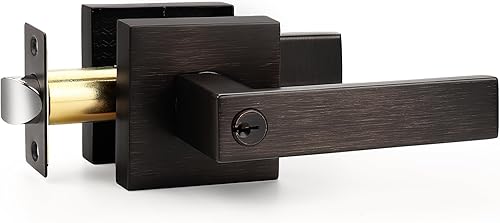 Probrico Manija de puerta cuadrada resistente con cerradura y llave, manija de puerta de entrada de bronce aceitado para puertas exteriores o