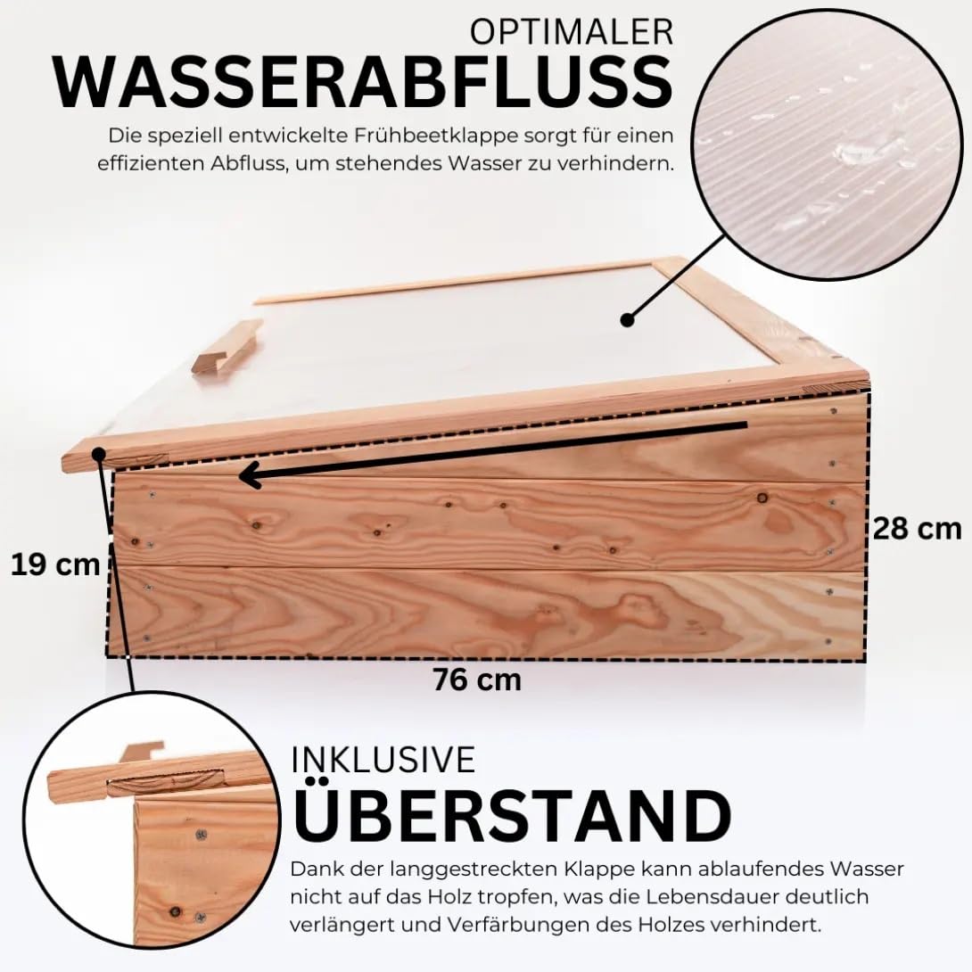 Mega Holz Premium Frühbeet 116x76x30 cm aus europäischer Lärche mit Klappdeckel - Wetterfest - Polycarbonat-Fenster - Hochbeet-Aufsatz aus Holz, kompatibel mit Hochbeet, für Garten, Balkon & Terrasse