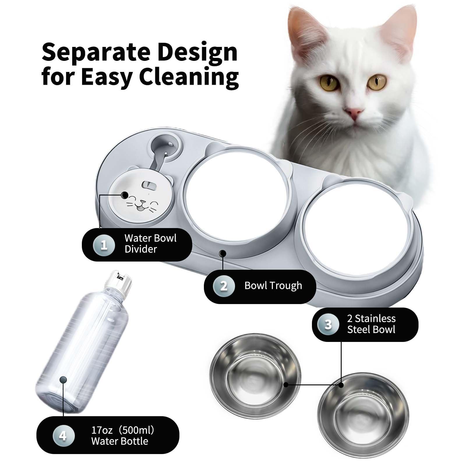 Marchul Ciotola per gatti 3 in 1, set di ciotole per cibo e acqua per gatti con dispenser d'acqua e ciotole in acciaio inossidabile, inclinate a 15°, tre ciotole per gatti interni, cani di piccola o