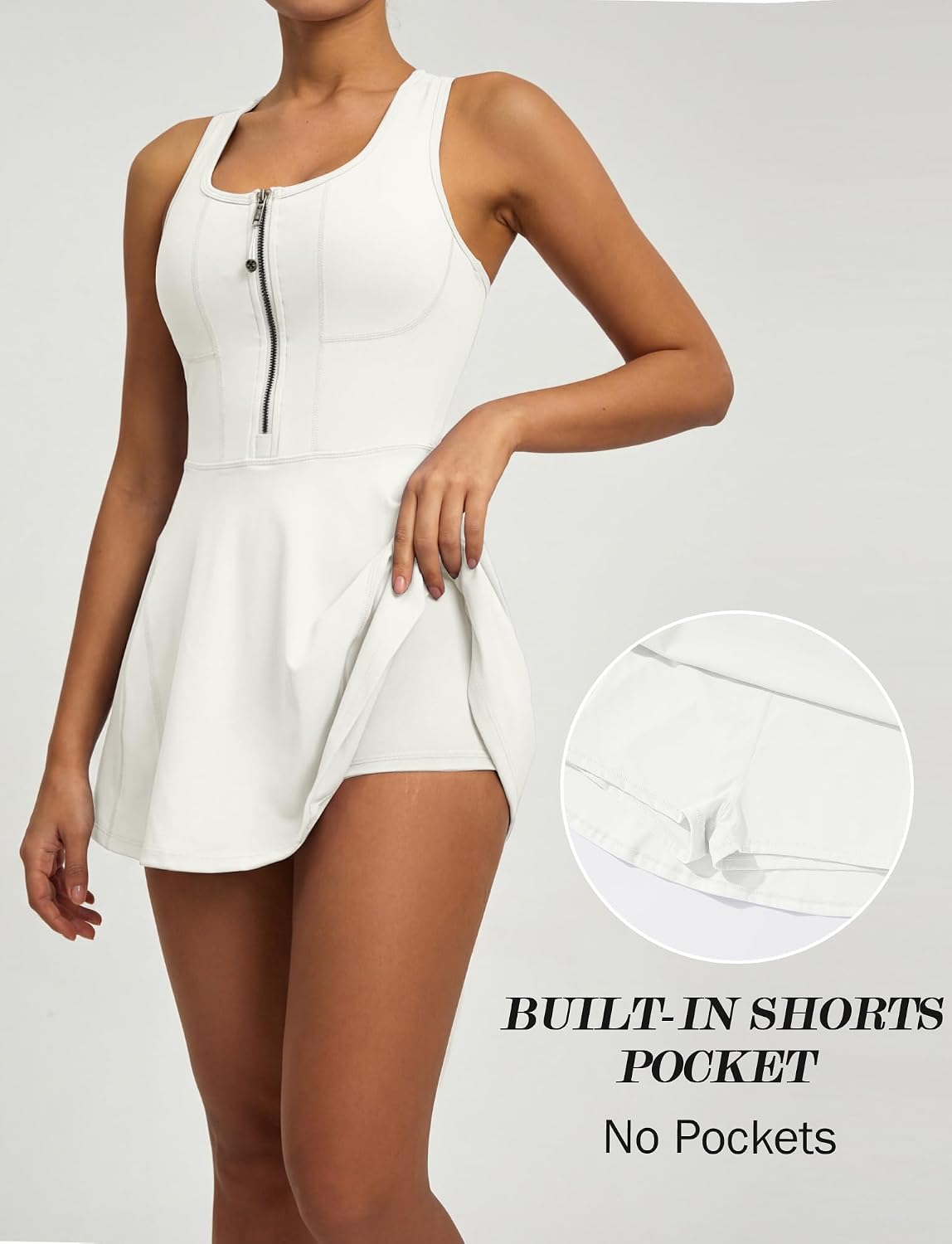 FEOYA Women's Tennis Dress Zip Front Sleeveless U Neck Racer Back Golf Athletic Workout Dress Built-in Padding & Shorts