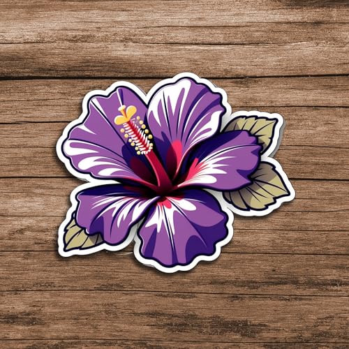 Image of Purple Hibiscus Flower Sticker Tropical Floral Vinyl Decal Waterproof Aesthetic Purple Flower Sticker for Laptop Water Bottle Car Bumper Notebook Scrapbook Gift