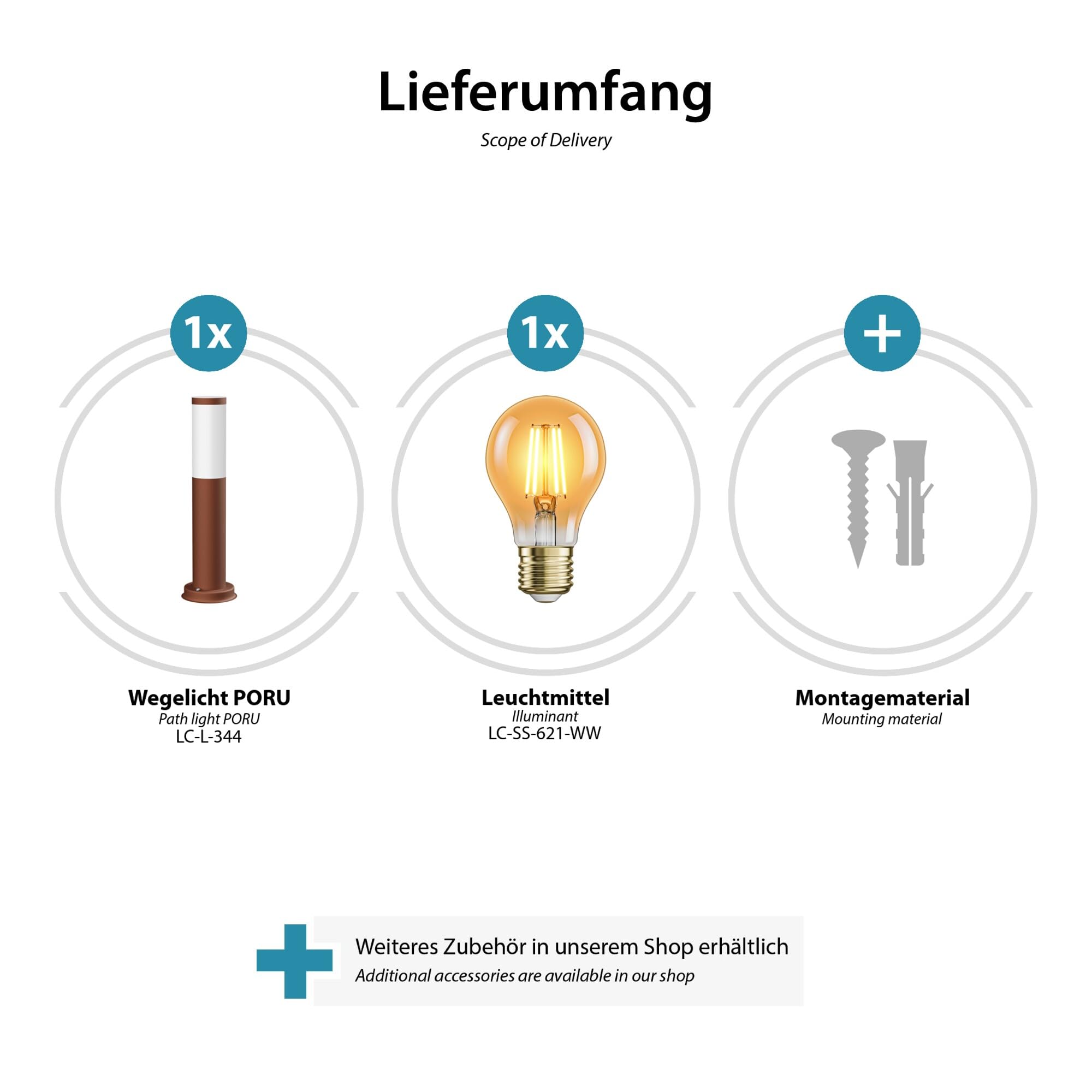 ledscom.de 5 pz. bitta luminosa PORU per esterni, IP44, 39cm, marrone, incl. lampada E27 471lm, bianco extra-caldo