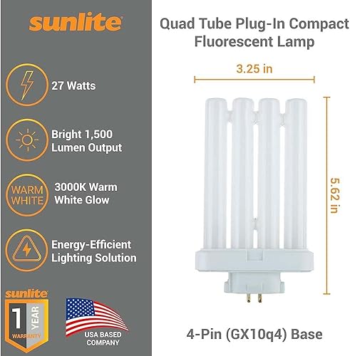 Miniatura 2 de Sunlite 40531 FML2765K2PK Lámpara fluorescente compacta enchufable de cuatro tubos, FML 4 pines, 27 vatios, 1500 lúmenes, luz diurna 6500K, base de
